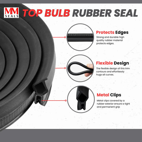 Vertical Lock Seal For Trunk Trim With Large Bulb Height 0.87 Inches And Grip Range From 0.039 To 0.22 Inches Ten Feet Long Flexible No Adhesive Needed Easy Install Vehicle Exterior Seal Replacement product image showing rubber roll and installation features