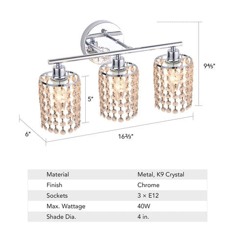 3 Light Crystal Vanity Sconce Over Mirror With Nickel Finish featuring three crystal shades and chrome details with dimensions.