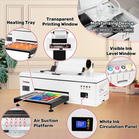 A3 Plus DTF Printer With L1800 Printhead And White Ink Circulation Direct To Film Setup showing heating tray, printing window, and ink level.