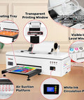 Level Up Your Custom Tee Game With This A3 Plus DTF Printer And Oven Bundle, Built In Heating System, 3 In 1 CISS Ink Supply, No Sweat Setup For Small Biz Pros features heating tray, transparent printing window, and visible ink level.