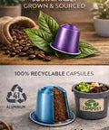 Intense 120 Count Espresso Pods For Nespresso Original Machines Pack Of Bold Dark Roast Blends With Rich Crema And Full Bodied Cafe Flavor Three Premium Flavors Intensities 9 To 12 For Real. Recyclable capsule with compost bin and coffee beans.