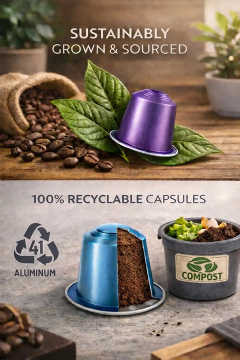 Intense 120 Count Espresso Pods For Nespresso Original Machines Pack Of Bold Dark Roast Blends With Rich Crema And Full Bodied Cafe Flavor Three Premium Flavors Intensities 9 To 12 For Real. Recyclable capsule with compost bin and coffee beans.