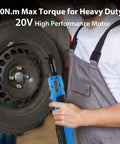 Mechanic using Beefy 20V Cordless Electric Ratchet Wrench Kit With Three Eighth Inch Drive tightening car wheel nuts