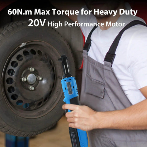 Mechanic using Beefy 20V Cordless Electric Ratchet Wrench Kit With Three Eighth Inch Drive tightening car wheel nuts