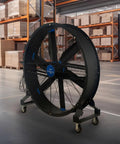 Hulking 78 Inch Mobile Drum Fan Kickin Up Serious Garage Airflow Quiet Tilt Head Industrial Shop Air Circulator with wheels in warehouse.