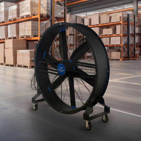 Hulking 78 Inch Mobile Drum Fan Kickin Up Serious Garage Airflow Quiet Tilt Head Industrial Shop Air Circulator with wheels in warehouse.