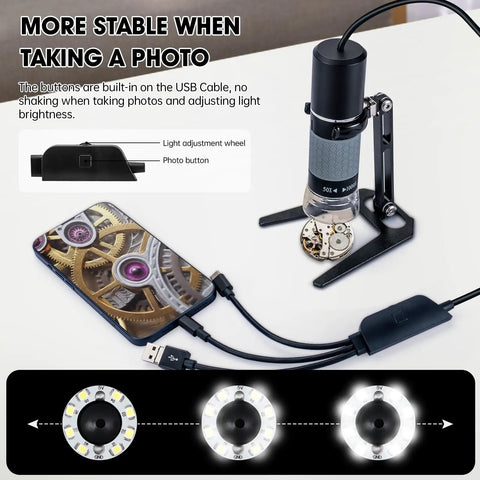 1080P USB Digital Microscope With Metal Stand 50X To 1000X Zoom Handheld Microscope Camera With 8 LED Lights Plug And Play Works With iPhone Android Windows Mac 4 In 1 USB Cable OTG Ready on metal stand