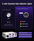 Visual comparison of gain indicator lights on a USB C Audio Interface For Recording, Streaming And Podcasting with 2 Channel XLR and Line Inputs, 24 Bit 48 KHz, 48V Phantom Power, Low Latency Sound Card For Home Studio, Silver.