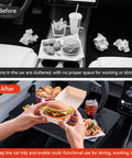 2 In 1 Car Steering Wheel Desk Tray And Seat Gap Filler Organizer Foldable Carbon Fiber Look Table For Laptop Meals And Writing On Standard Round Steering Wheels showing before and after usage, cluttered space transformed into organized dining area, with drink and meal on desk tray.