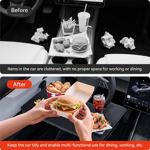 2 In 1 Car Steering Wheel Desk Tray And Seat Gap Filler Organizer Foldable Carbon Fiber Look Table For Laptop Meals And Writing On Standard Round Steering Wheels showing before and after usage, cluttered space transformed into organized dining area, with drink and meal on desk tray.