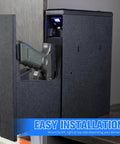 Quick Draw Slide Out Biometric Pistol Safe Fast Deploy Handgun Security Box showing easy installation with handgun inside.