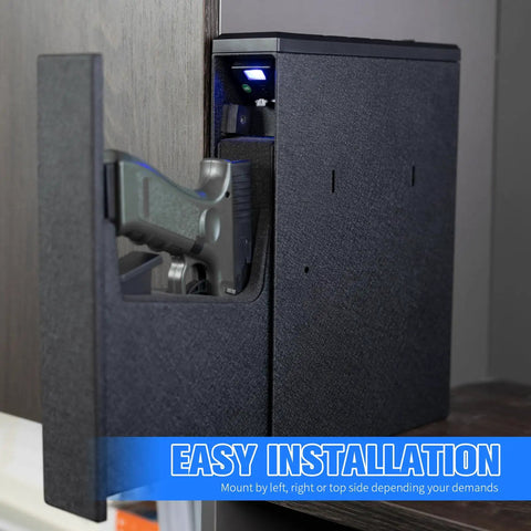 Quick Draw Slide Out Biometric Pistol Safe Fast Deploy Handgun Security Box showing easy installation with handgun inside.