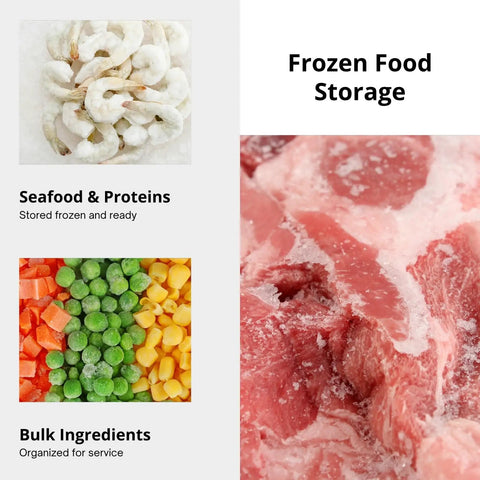 Frozen food storage showcasing seafood, proteins, and bulk ingredients organized for The Real Deal Heavy Duty Reach In Freezer With Two Section Split Solid Doors Serious 43 Cubic Foot Capacity Top Shelf Cold Storage Built Tough For Bustling Kitchens And High Volume Food Service.