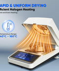 Portable Halogen Moisture Meter With 110g 10mg Precision, Quick Heat And Drying From 40 To 160 C, Super Handy Moisture Tester For Food, Plants, And Building Materials Lab Use on white base with touchscreen