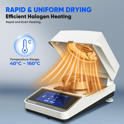 Portable Halogen Moisture Meter With 110g 10mg Precision, Quick Heat And Drying From 40 To 160 C, Super Handy Moisture Tester For Food, Plants, And Building Materials Lab Use on white base with touchscreen