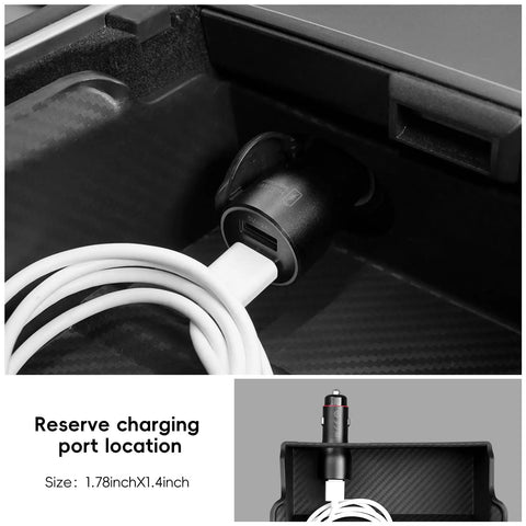 Charging port in Tesla Model Y And Model 3 Center Console Organizer Tray With Carbon Fiber Main Tray And Hidden Storage