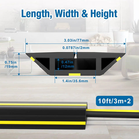 Diagram of Heavy Duty PVC Cord Cover Protector 10 ft Floor Cable Duct dimensions, highlighting length, width, and height.