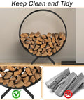 Round Heavy Duty 31-Inch Firewood Rack for Outdoor Use displaying neatly stacked logs in a powder coated metal log holder.