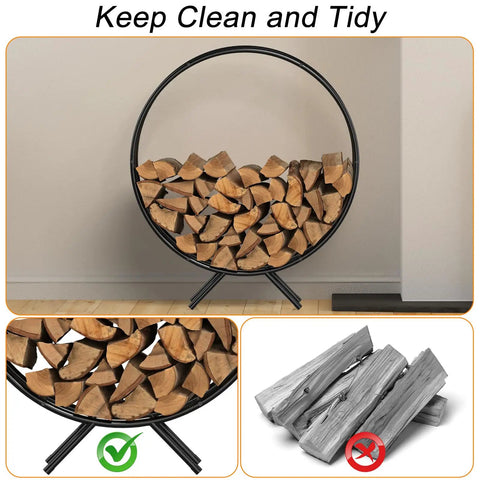 Round Heavy Duty 31-Inch Firewood Rack for Outdoor Use displaying neatly stacked logs in a powder coated metal log holder.