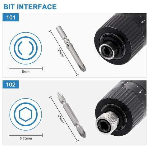 Electric Screwdriver Set With Adjustable Torque 5mm Chuck 110 220V Interchangeable Bits Ergonomic Anti Slip Handle One Key Forward And Reverse Handy DIY Drill Tool bit interface diagram