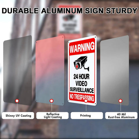 2 Pack No Trespassing Signs For Private Property With Round The Clock Video Surveillance Reflective Aluminum UV Protected Waterproof Security Camera Signs For Home Yard Fence Driveway 10 By 7 Inches, 40 mil aluminum