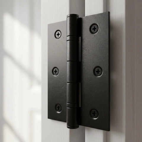 Close-up of a mounted 12 Pack Black 2.5 Inch Door Hinges With Screws For Doors Cabinets Furniture And DIY Projects Mini Metal Butt Hinges