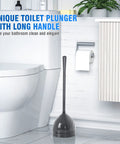 Toilet Plunger With Holder All Angle Design Built Tough For Bathroom Universal 4 Tier Rubber Suction Cup Fits Most Toilet Drains Up To 5.5 Inches Black next to toilet in modern bathroom.