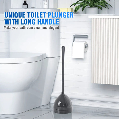 Toilet Plunger With Holder All Angle Design Built Tough For Bathroom Universal 4 Tier Rubber Suction Cup Fits Most Toilet Drains Up To 5.5 Inches Black next to toilet in modern bathroom.