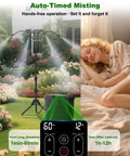 Cordless Portable Misting System With Stand, 9L Tank, 10000mAh Battery, garden use, digital timer, person relaxing outdoors