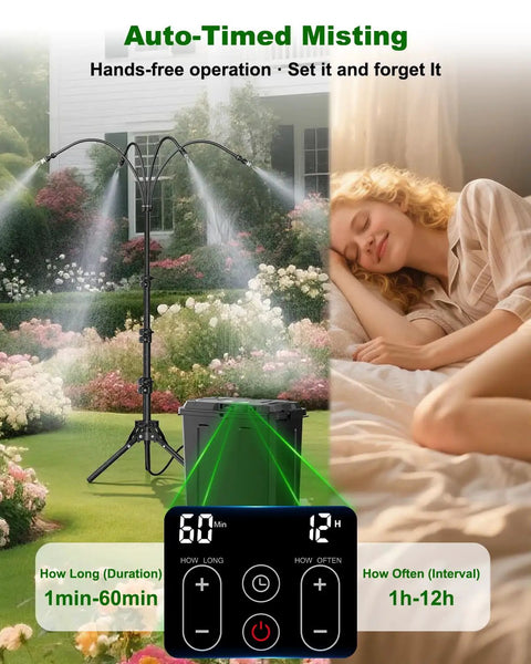 Cordless Portable Misting System With Stand, 9L Tank, 10000mAh Battery, garden use, digital timer, person relaxing outdoors