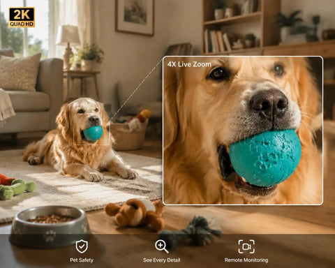 2K 5G Indoor Security Camera With Crying Detection AI Baby Monitor No Monthly Fees 360 Degree Pan Tilt WiFi Pet Camera zoom view of dog playing with blue ball in living room.