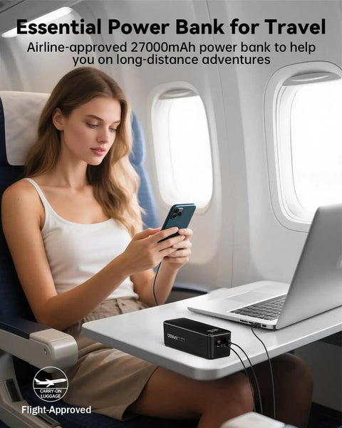 27000mAh 120W Fast Charging Power Bank With 3 Ports And Smart Display, charging phone and laptop on airplane tray table