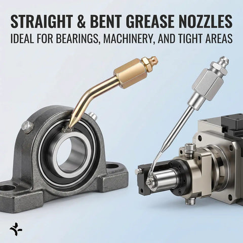 Grease Gun Needle Tip Kit 7 Piece Set Heavy Duty Pro Grade with bent and straight adapters for machinery lubrication.