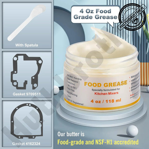 4 Oz Food Grade Grease For Stand Mixers Universal Kitchen Mixer Lubricant With Gasket And Spatula, jar and components shown