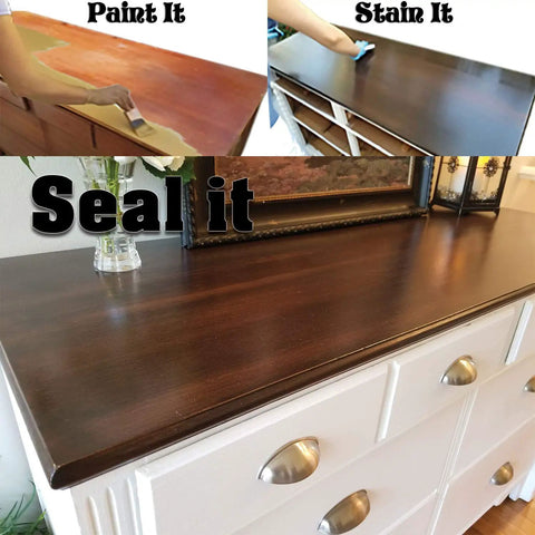 Light Wood Liquid Wood Finish 16oz Pint That Looks Like Real Wood And Feels Like The Real Thing With 66 Percent Recycled Wood Content Paintable Woodgrain Coating For Furniture Decor Projects And Restoration shown on a finished dresser.