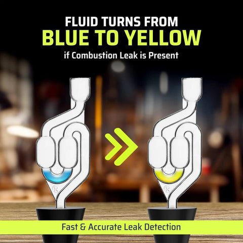 Head Gasket Leak Tester Kit With Universal Radiator Adapter, Over 100 Tests, All In One Combustion Leak Detector For Cars Trucks And SUVs, Includes 8oz Leak Detection Fluid showing fluid color change from blue to yellow.