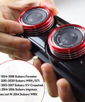 Hands installing Red AC Knob Cover and Center Console Button Ring Trim for Subaru Forester 2014-2018 and compatible models