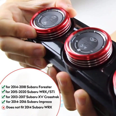 Hands installing Red AC Knob Cover and Center Console Button Ring Trim for Subaru Forester 2014-2018 and compatible models