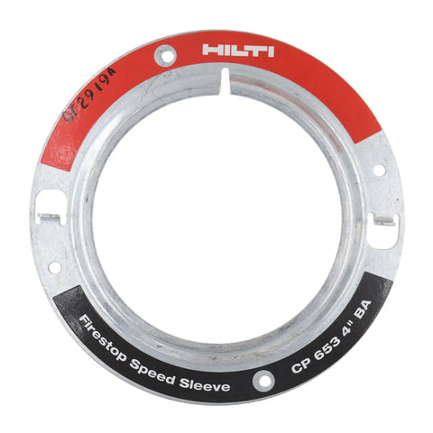 Top view of Firestop Speed Sleeve CP 653 4 Inch Aluminum Pathway Device for high traffic cabling, shown in circular design