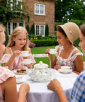 Group of girls having tea outside with a Vintage Floral Enamel Tea Kettle 2.6 Quart With Porcelain Handle for Stovetop.