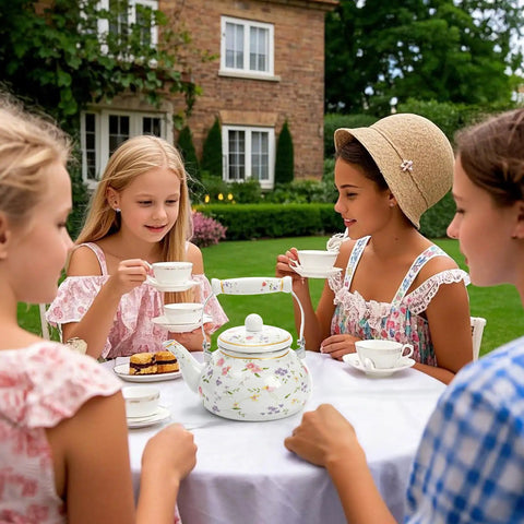 Group of girls having tea outside with a Vintage Floral Enamel Tea Kettle 2.6 Quart With Porcelain Handle for Stovetop.