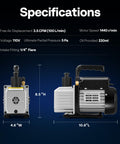 Specifications of Single Stage HVAC Vacuum Pump 3.5 CFM One Quarter Horsepower 110V with dimensions and features