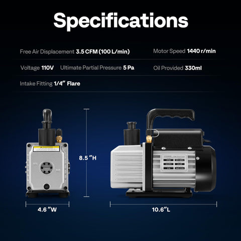 Specifications of Single Stage HVAC Vacuum Pump 3.5 CFM One Quarter Horsepower 110V with dimensions and features