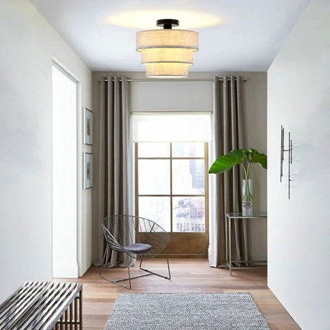 Hallway with Three Tier Linen Drum Shade Semi Flush Mount Ceiling Light Fixture for living room bedroom kitchen hallway.