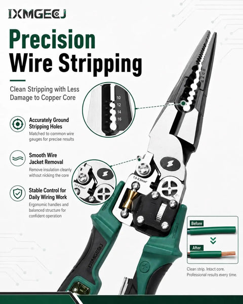 4 In 1 Wire Stripping And Testing Pliers With Built In Voltage Tester For Cutting, Crimping, And Pulling Wires, Handy On The Job Electrician Tool Pliers That Are Compact, Durable, And Easy To Store, Green, shown with precision stripping jaws