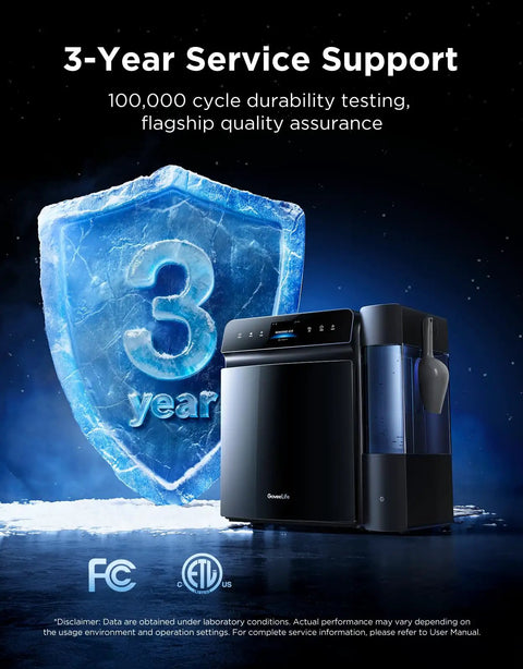 Real Talk Smart Countertop Ice Maker with 3-year service support and durability testing displayed.