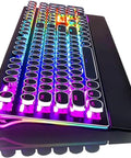 Tough Mechanical Gaming Keyboard With Slick Rgb Backlighting And Fast Anti Ghosting For Hardcore Gamers Seeking Durability Alongside Fade Resistant Uv Keycaps And Crisp Tactile Switches Across Every 108 Keys For Epic Home Rigs Or Quick Work Shifts, angled view with vibrant LED lighting.