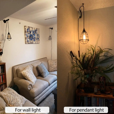 Vintage Plug In Pendant Light Kit for Industrial Style Home Decor Dope E26 E27 Lamp illuminating room with twisted black cord