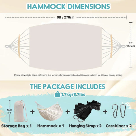 Diagram showing dimensions and components of the Garden Cotton Hammock With Spreader Bar For Patio And Backyard Ultra Comfortable And Strong Up To 450 Lbs Portable Lightweight Hammock With Travel Bag For Camping Outdoor Use And Indoor Relaxation, including hammock size and accessories.