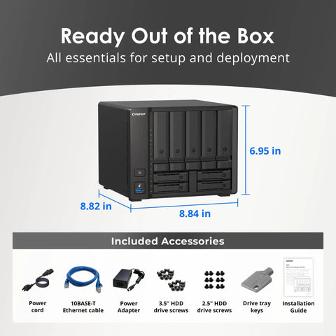 Heavy Duty Nine Bay NAS Server With Blazing Fast AMD Ryzen Quad Core And 32GB RAM dimensions 8.82 x 8.84 x 6.95 inches with setup accessories